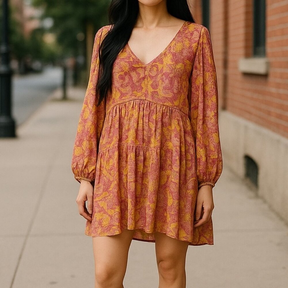 Romantic Gypsy Boho Floral Peasant Tunic Dress Pink Yellow V-Neck Long Sleeve L